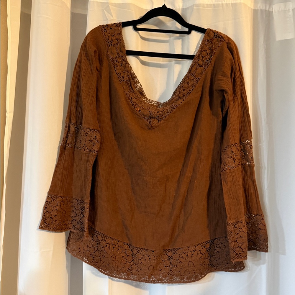 Vintage Mijo Cotton Gauze Lace Blouse Boho Brown Made in USA Size S